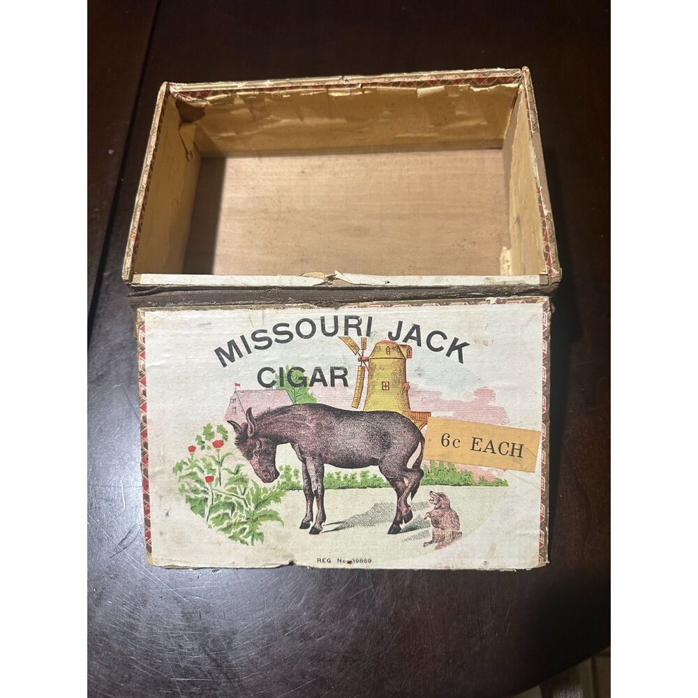 Vintage Missouri Jack Cigar Wood Box W.E. Betts Hannibal MO Donkey Lithograph